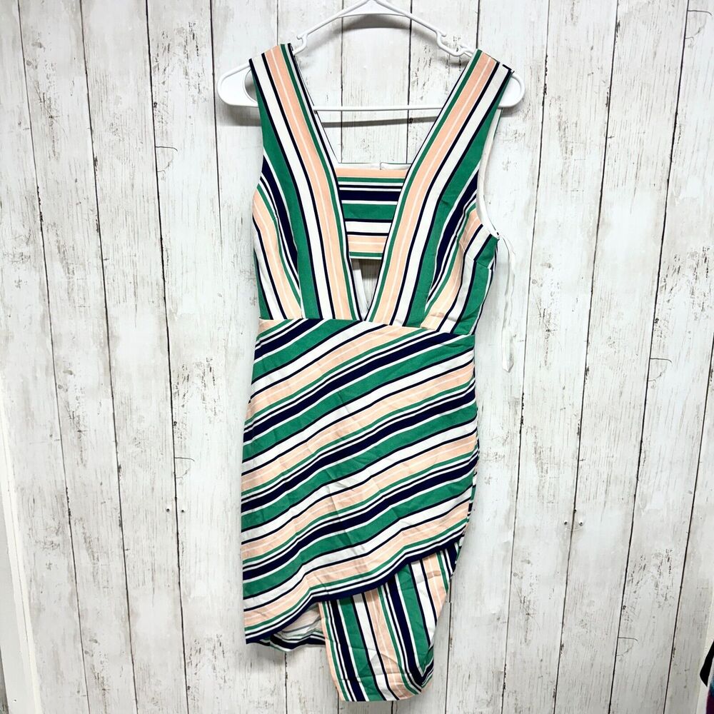 J.O.A.‎ Dress Women Size Small Green/Ivory Striped Asymmetrical Mini Sleeveless